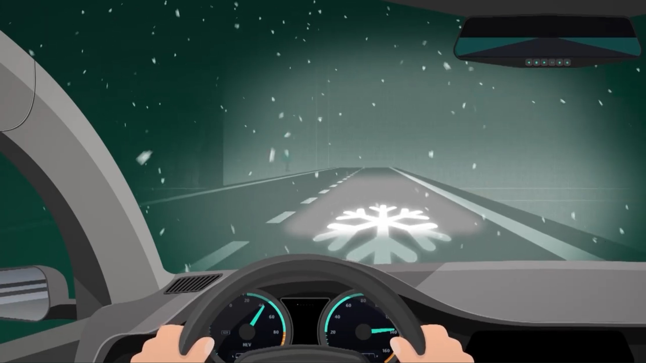 Animation eines neuartigen Autoscheinwerferlichts, das Warnsymbole auf die Fahrbahn projiziert
